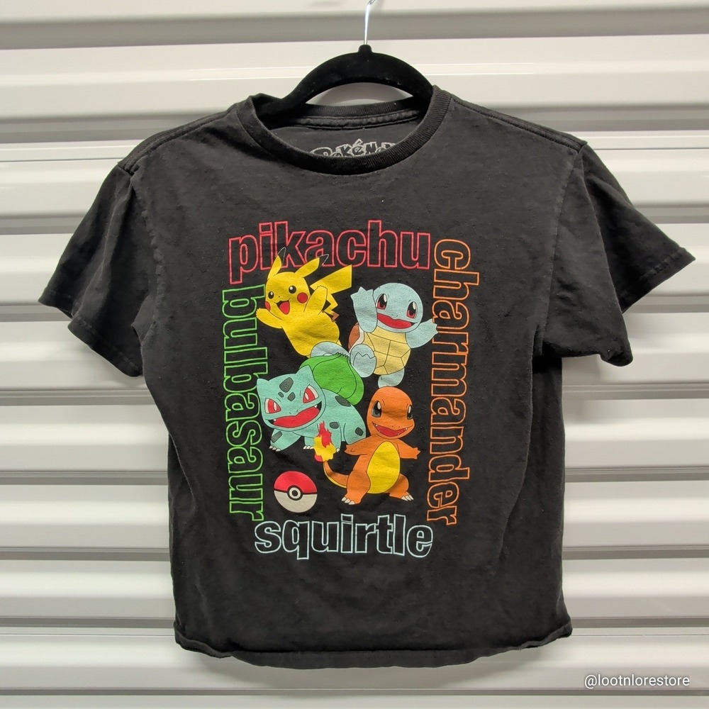 Pokemon Graphic T-Shirt Size S‎ Kids Black Short Sleeve Pikachu Bulbasaur Hybrid